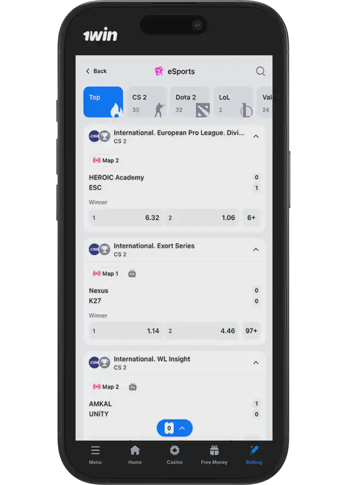 Bet types in the 1win mobile app